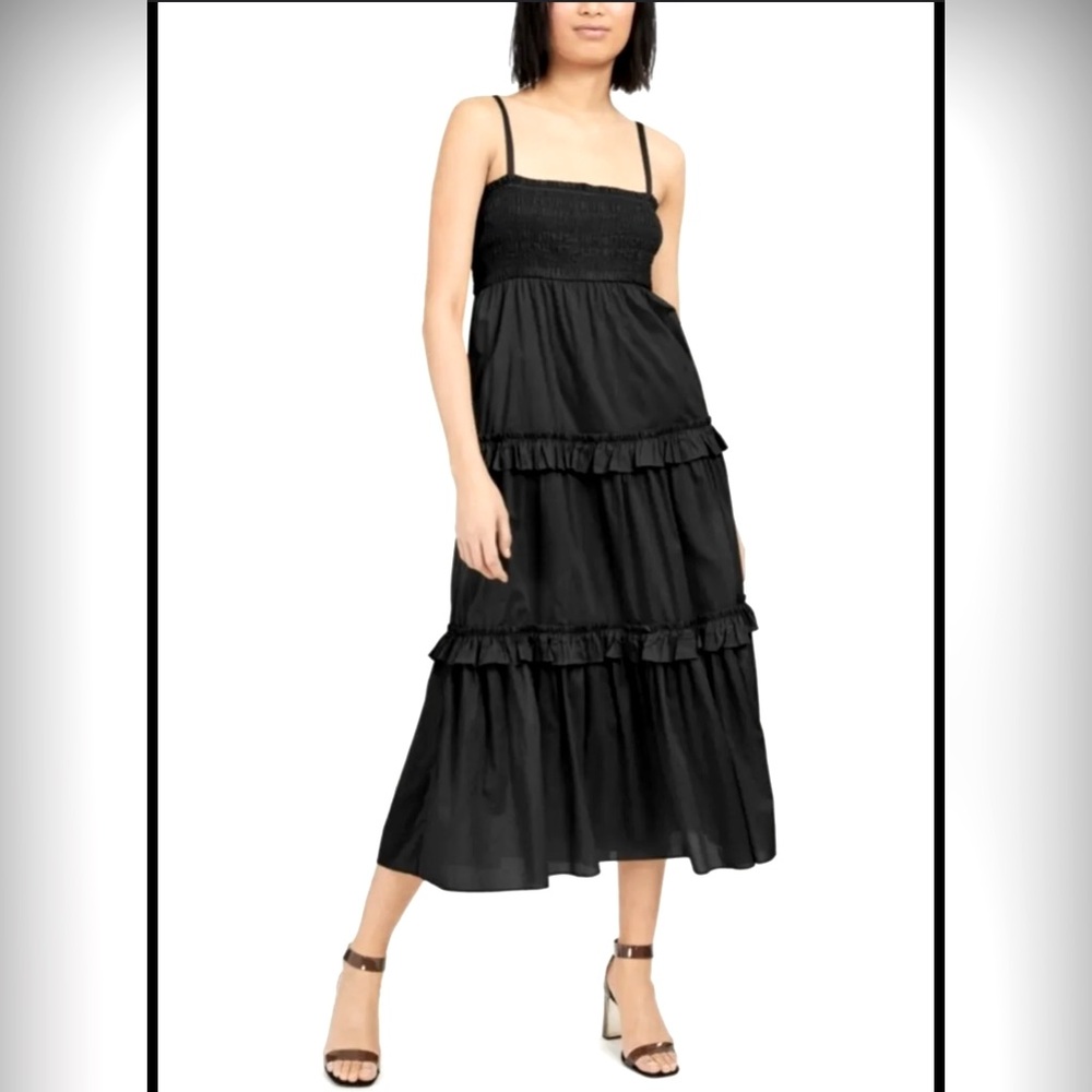 INC International Concepts Cotton Smocked Tiered Midi Dress Black Size, M